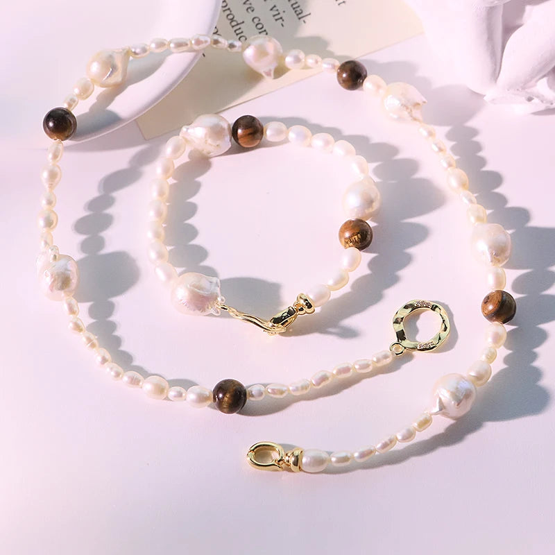 GLSEEVO Natural Freshwater Pearl & Tiger Eye Stone 2-Piece Jewellery Set — Necklace & Bracelet