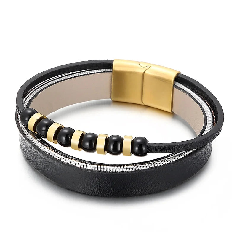 REBEL Mens Bracelets Stainless Steel Cowhide Fashion Jewelry Bead Bracelet Bangles