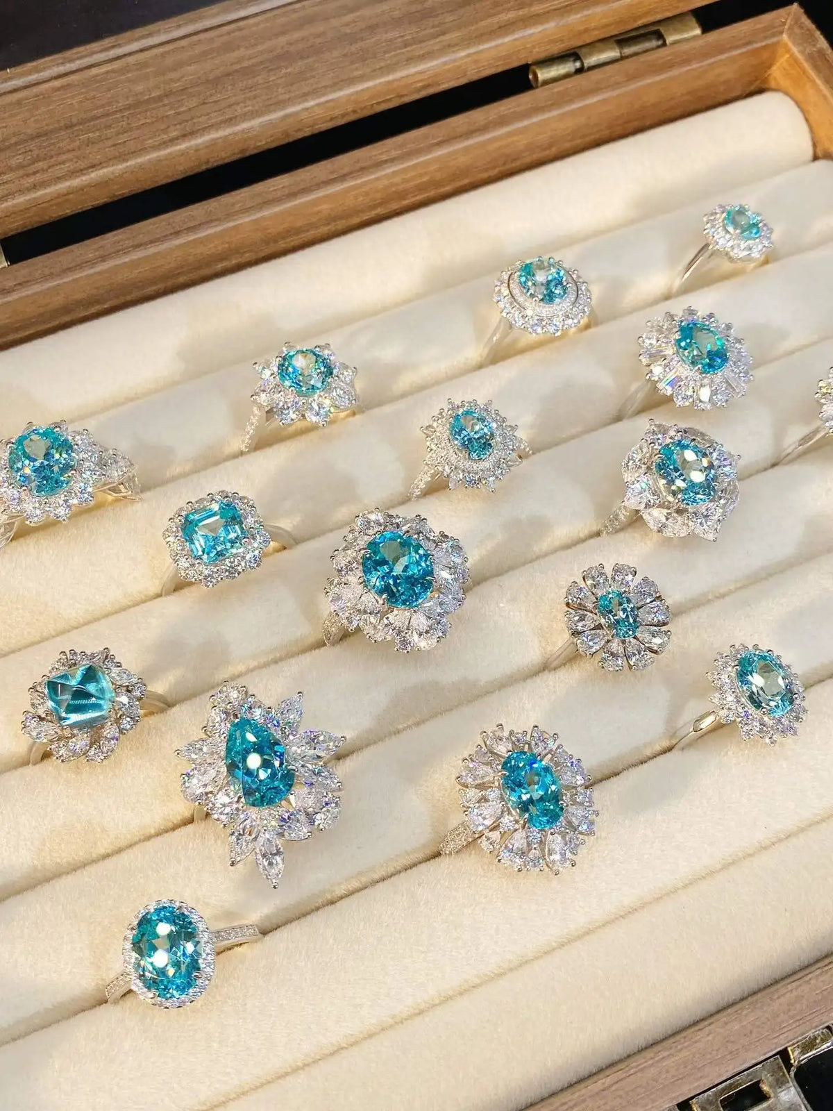 Gemfiori Handmade Lab Grown Paraiba Sapphire Engagement Rings Rhodium Plated Sterling Silver 925 Wedding Jewelry