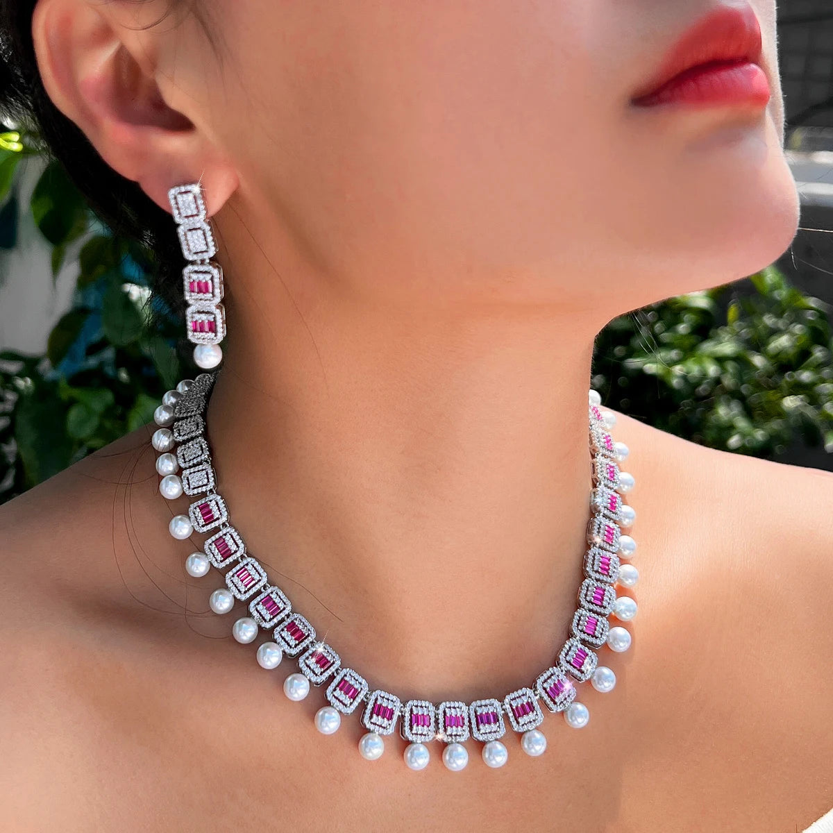 Women Glamorous Necklace and Earrings Red Cubic Zirconia Bridal Pearl Jewelry Set for Anniversaries Engagement Wedding Jewellery