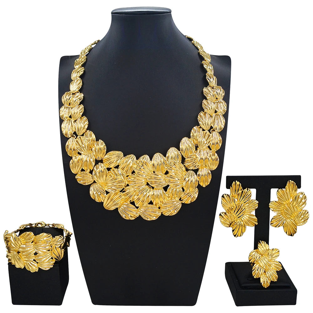 Zhuerrui Luxury Gold Plated Jewelry Set Matte Finish Necklace Bracelet Earring Set High-end Italian Design for Party I007520-2