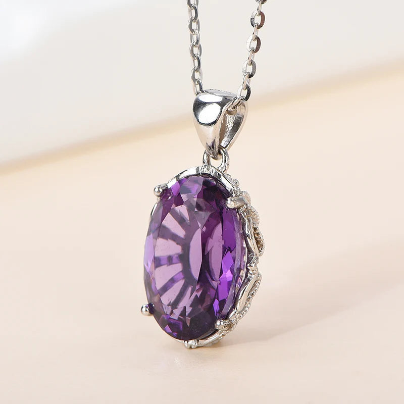 Gioiellieri Natural Amethyst Oval Cut Claw Setting Rhodium Plated 925 Sterling Silver Luxury Customized Women's Solitaire Pendant Necklace