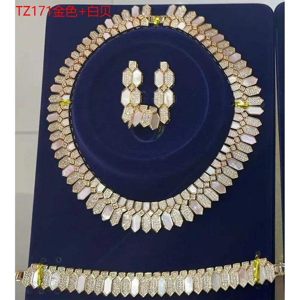 Middle Eastern Luxury Gold Jewelry Set with White Shell Black Agate Cubic Zirconia Chocker Necklace Earring Ring Bracelet Sets