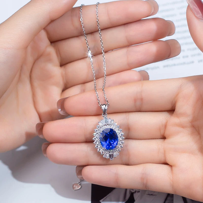 Messi JewelryMSN-655 Quality-AAA Ocean Blue Oval 5.97 Carat Spinel Diamond Necklace Pendant for Women Engagement or Dinner Party