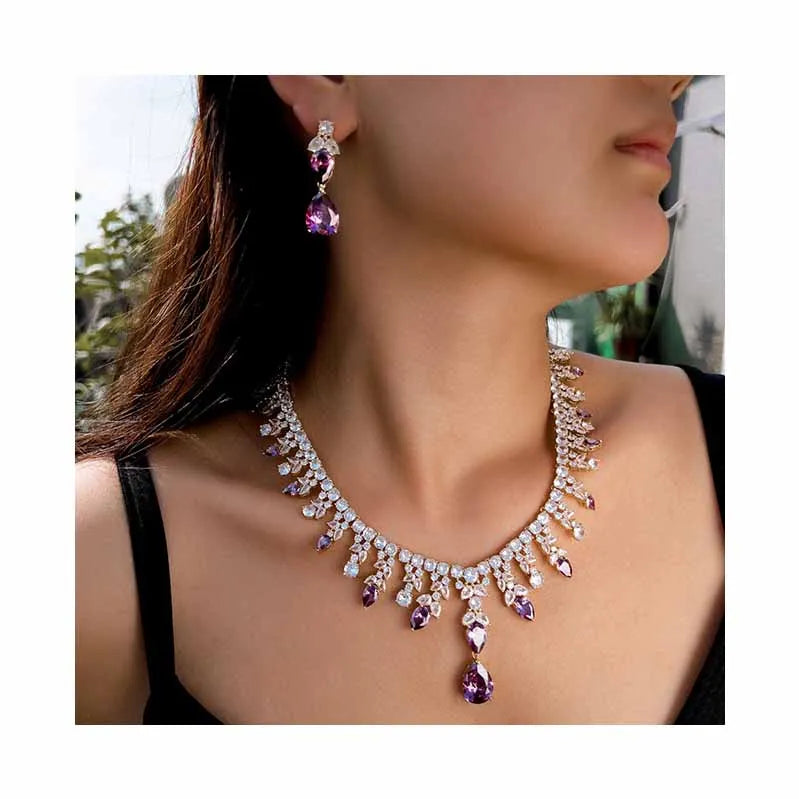 Luxury Pear-Cut Purple Zirconia Claw-Set Necklace & Earrings Bridal Set — Gold Plated