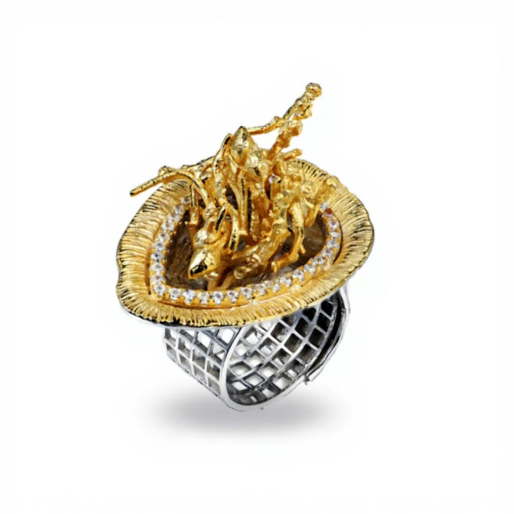 Turkish Hollow Grid Style 925 Silver Store Gold Plated Finger Ring
