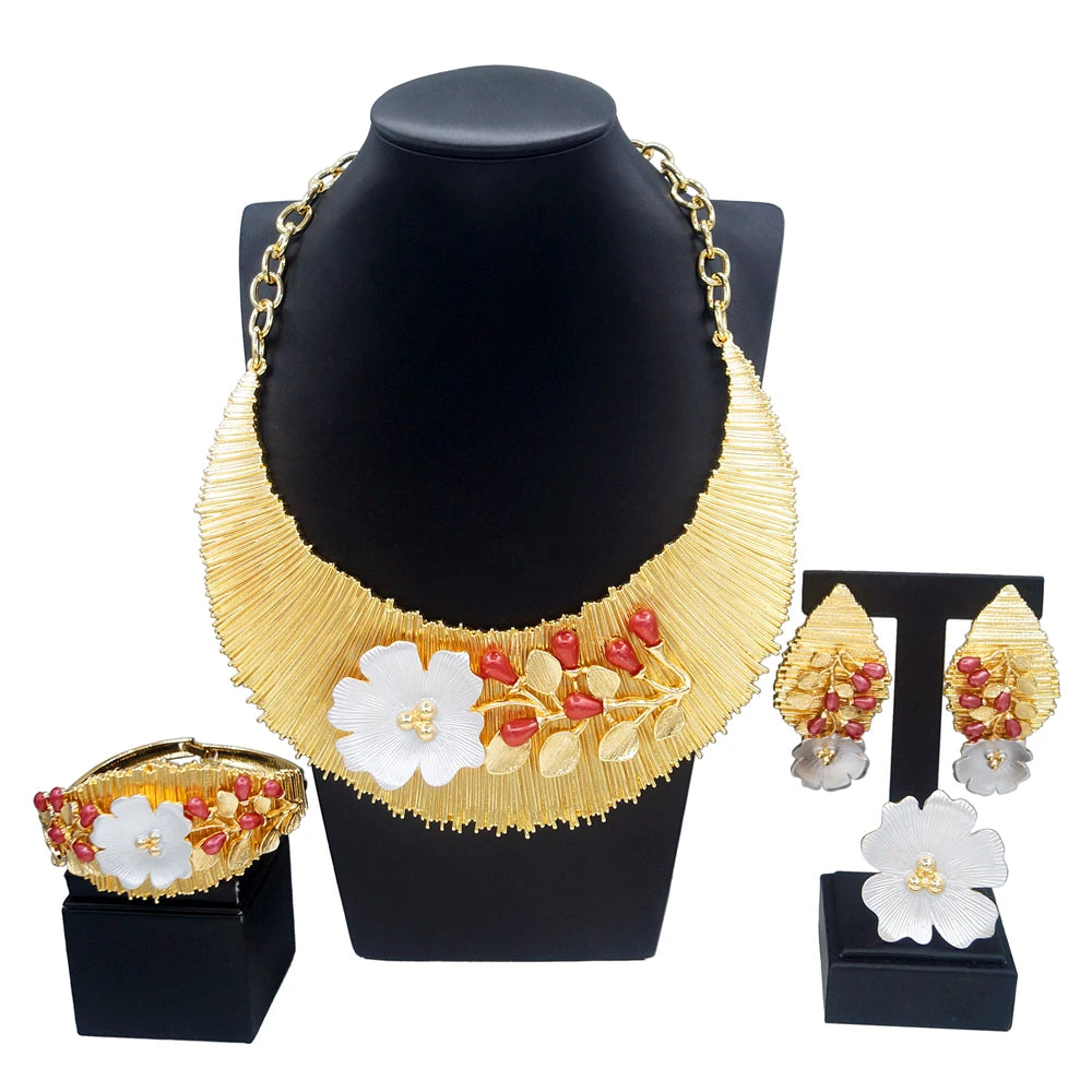 Zhuerrui Italian Big Block Pattern Jewelry Set Copper Real Gold Plated Jewelry Sets Luxury Western Wedding Jewellery Gift H00497
