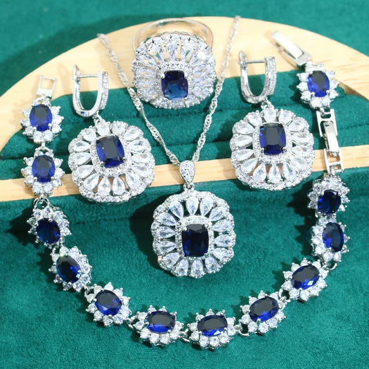 Luxurious 925 Silver Jewelry Set for Women Blue Zircon Sapphire Earrings Necklace Pendant Ring for Wedding Birthday Gifts