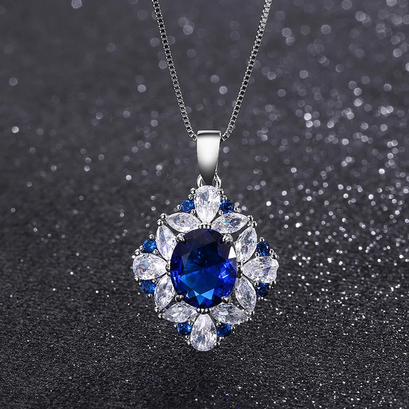 Delicate Eco-friendly Copper Dainty Floral Design Necklace Earrings Ring 3PCS Set 10*12/6*8mm Blue Zircon Flower Jewelry Set