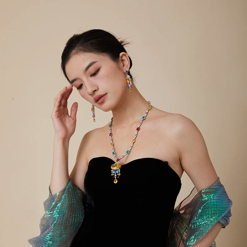Dubai Fashion Brass Long Color Tassel Pendant Necklace with Earrings Jewelry Set Suitable for Weddings and Gifts