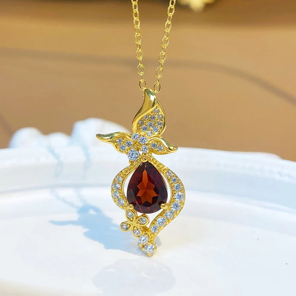 Gioiellieri Natural Garnet Pendant Necklace 925 Sterling Silver Rhodium/Gold Plated Luxury Trendy Women's Engagement Anniversary Party Gifts