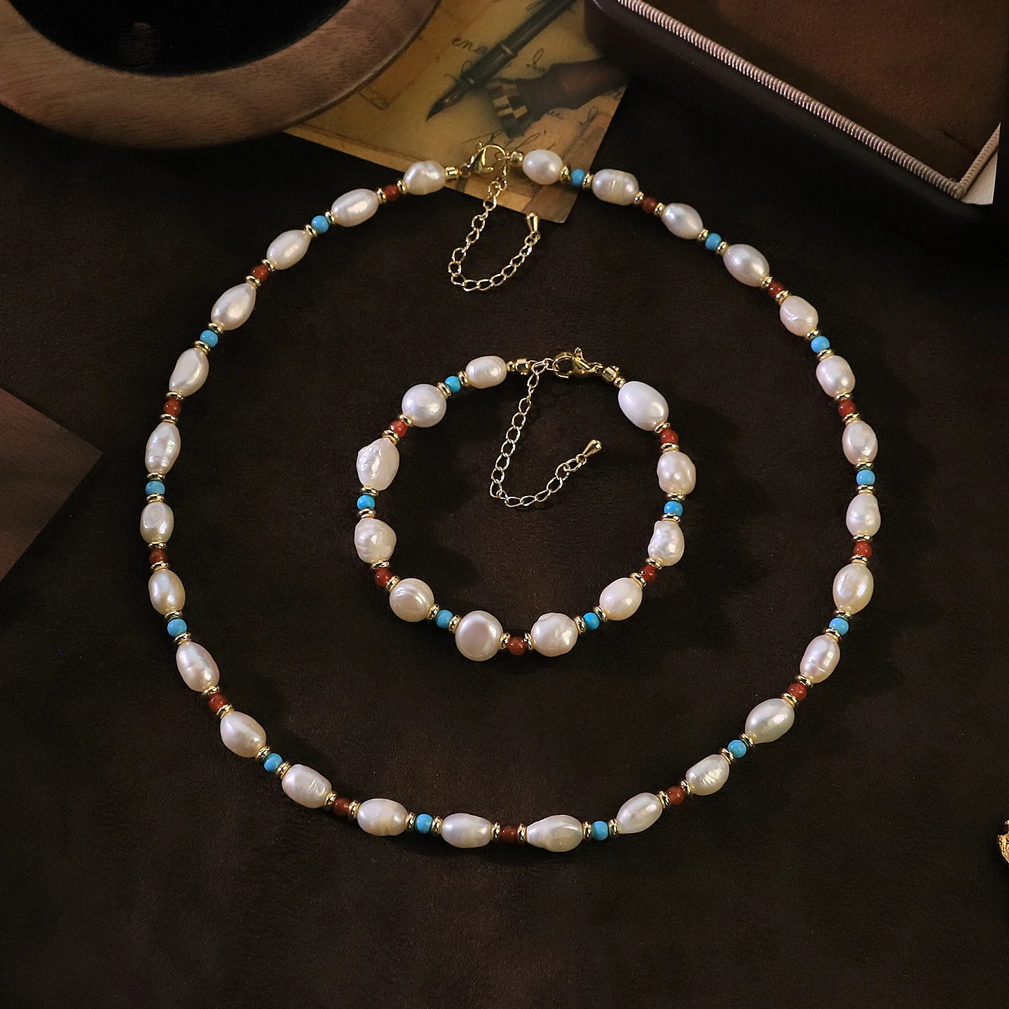 GS0272 Natural Freshwater Pearl, Turquoise & Agate Bohemian Jewellery Set for Women