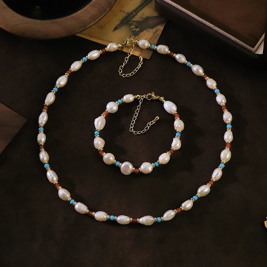 GS0272 Natural Freshwater Pearl, Turquoise & Agate Bohemian Jewellery Set for Women