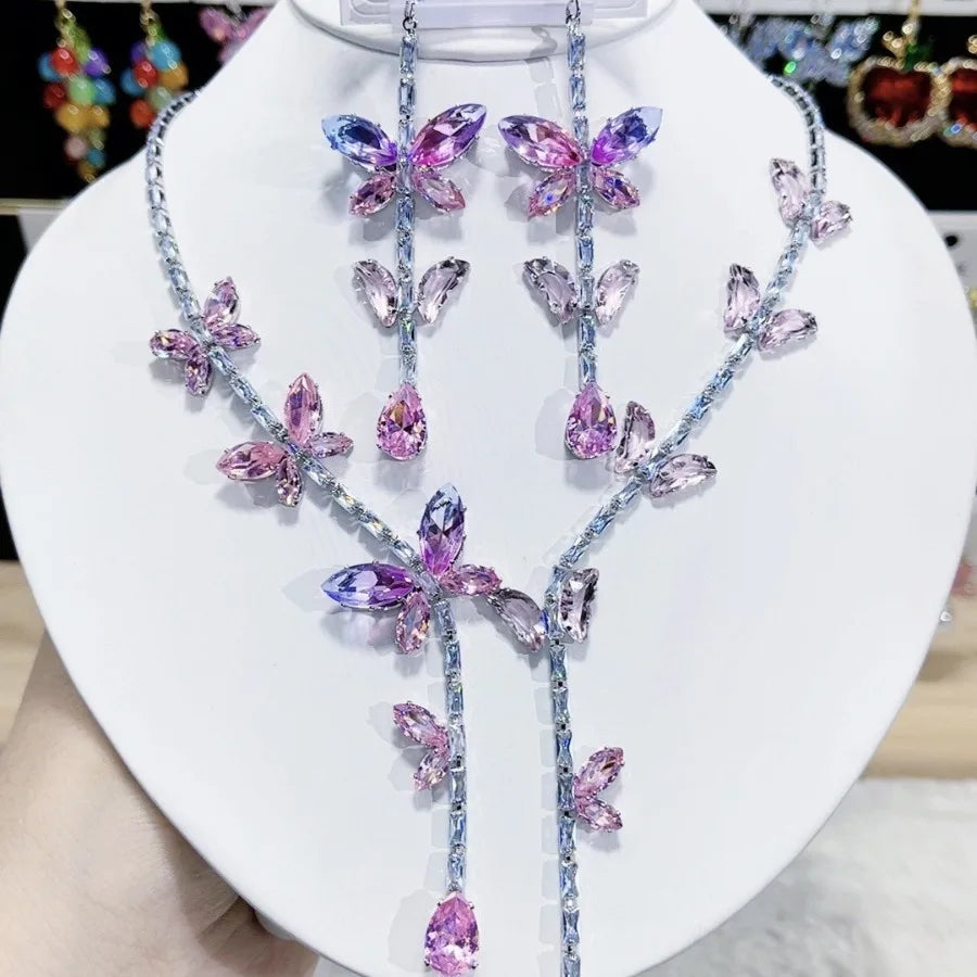 K050 High End European Fashion Luxury Exquisite Pink Zircon Butterfly Necklace and Earrings Set Women Classic Jewelry Set