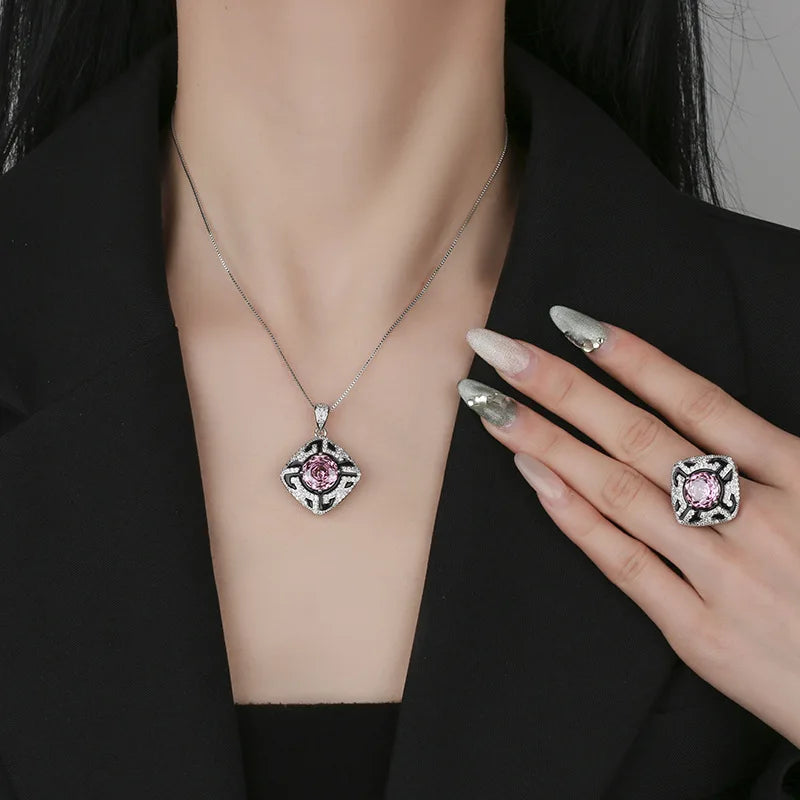 Gemfiori Elegant Luxury Jewelry Copper Bottom Gold Plated Rose Zircon Set Women's Wedding Engagement Jewelry Set