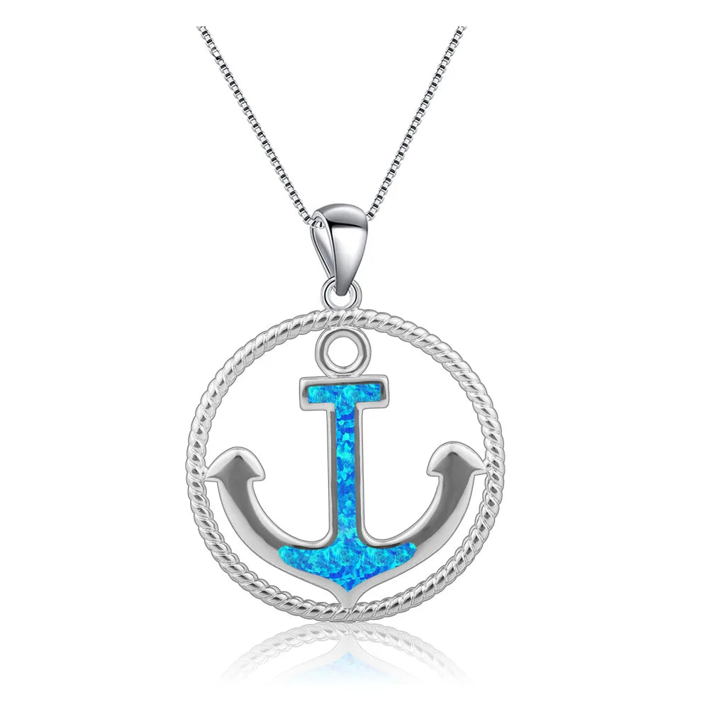 Trendy Sea Style Opal Pendant Necklace  Blue Gem Anchor Jewelry for Beach Outfits