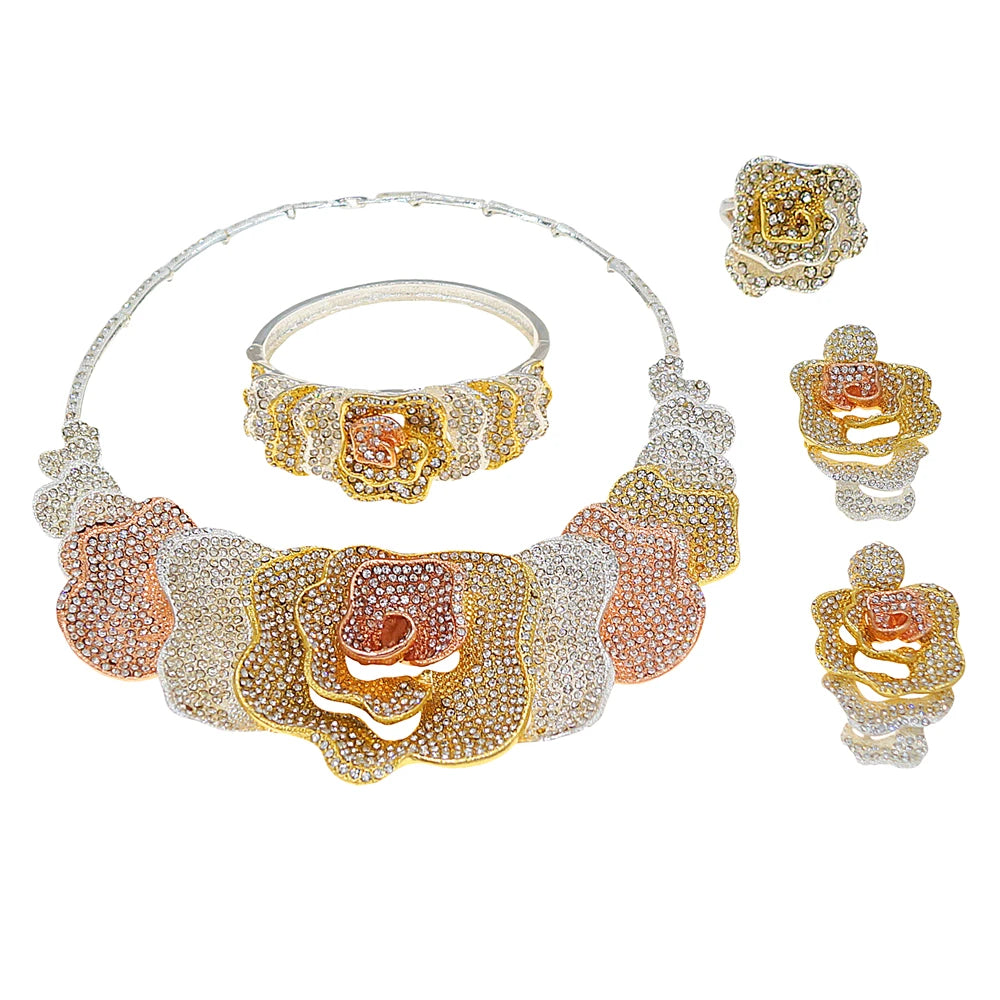 Zhuerrui Rhinestone Paved Rose Flower Jewelry Set for Wedding Multi-color Crystal Floral Statement Jewelry Sets HS2550139