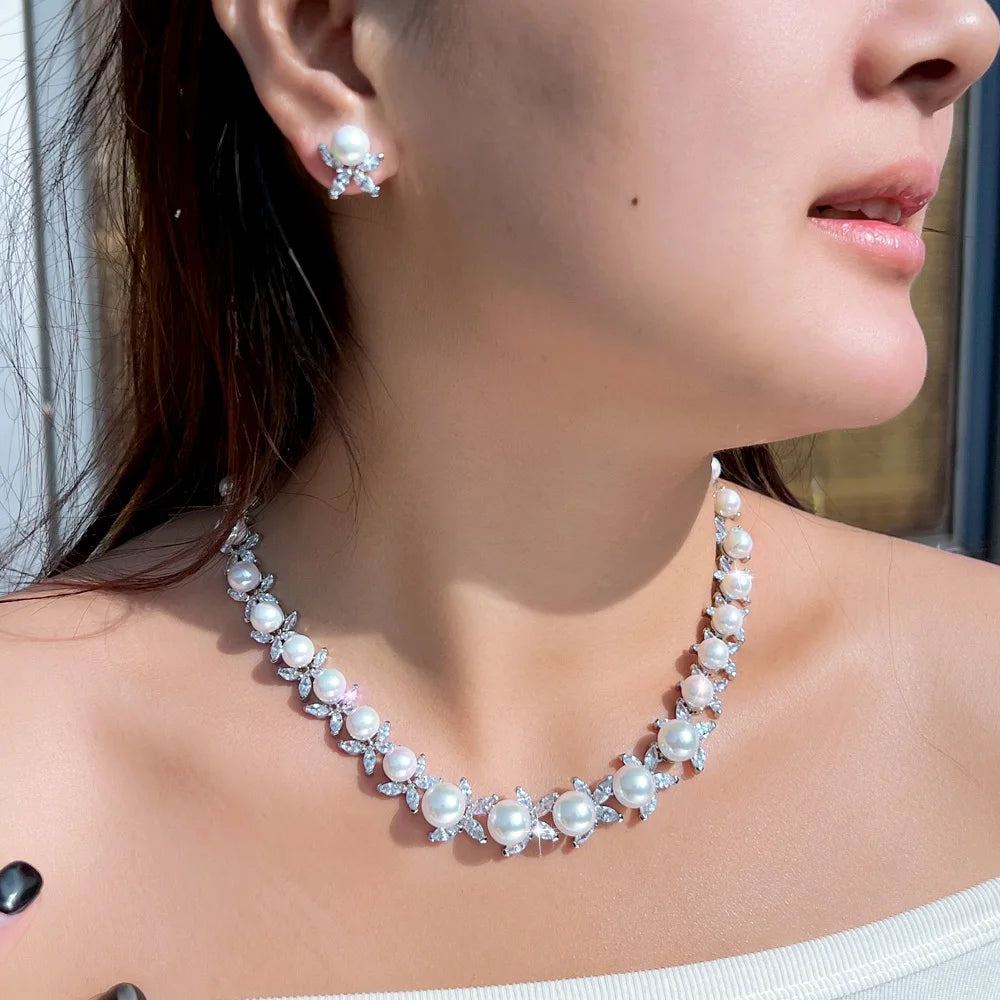 Dazzling Cubic Zirconia Stone Necklace and Earrings Big Imitation Pearl Jewelry Set for Women Wedding Bridal Dress Accessories