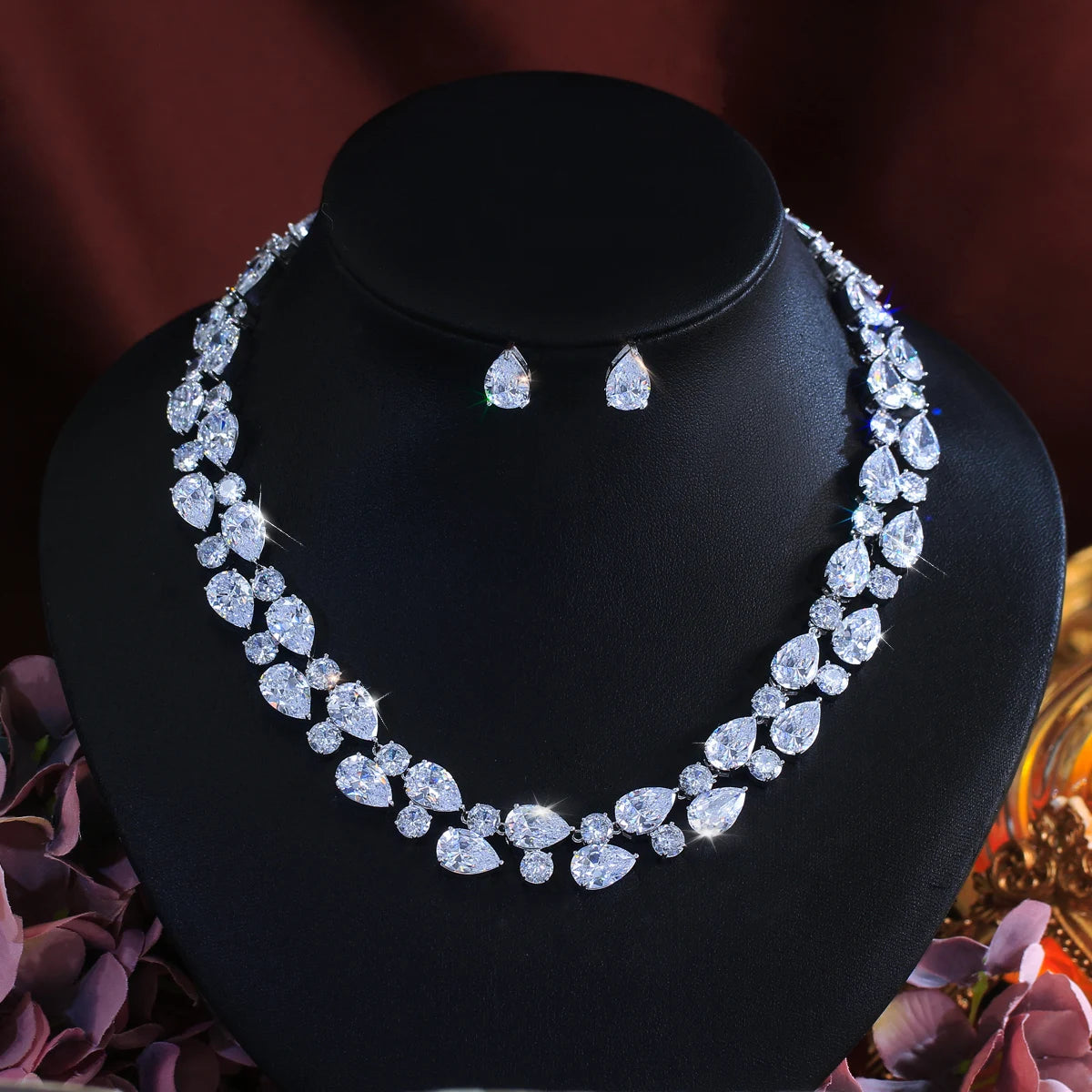 Stunning Rhodium Plated Round Tennis CZ Jewelry Set Cubic Zircon Drop Dangle Necklace Earrings Jewelry Set for Women Engagement