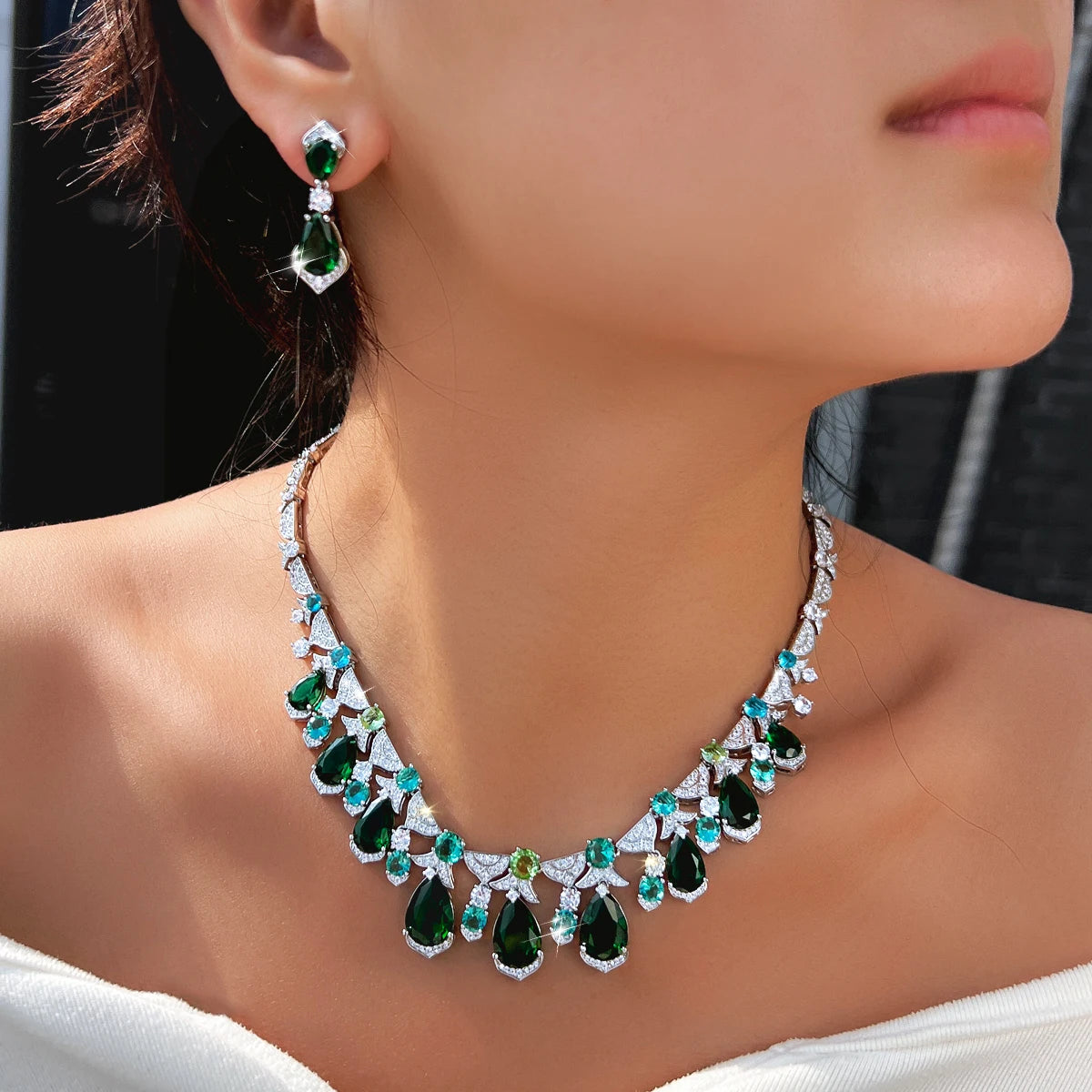 Trendy CZ Jewelry Set Light Blue Round Green Drop Zirconia Tennis Necklace Earrings Jewelry Set for Women Lady Valentine's Gift