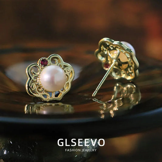 Natural Freshwater Pearl Polygon Hollow Zircon Set Earrings Studs Luxury Fashion Jewellery Earrings Gift for Women Wife GE1745