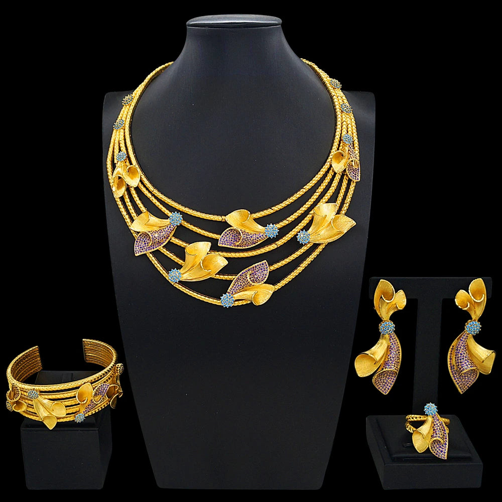 Zhuerrui Italy Designer Jewelry Sets 24K Gold Plated Dubai Valentine's Gift Wedding Pedant and Earrings Jewels Sets HZ25017222