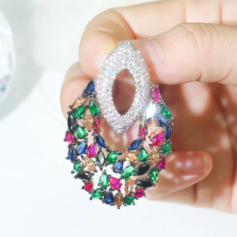 Unique Fancy Multi Color Cubic Zirconia Long Drop Big Luxury Party Earrings for Women Fashion Designer Bridal Wedding Jewelry