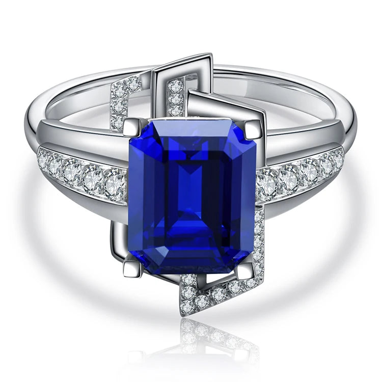Gemfiori Anster 18K Gold Wedding Ring with 10ct Sapphire Gemstone Big Emerald Cut Butterfly Designs Blue Sapphire Stone Fine Rings
