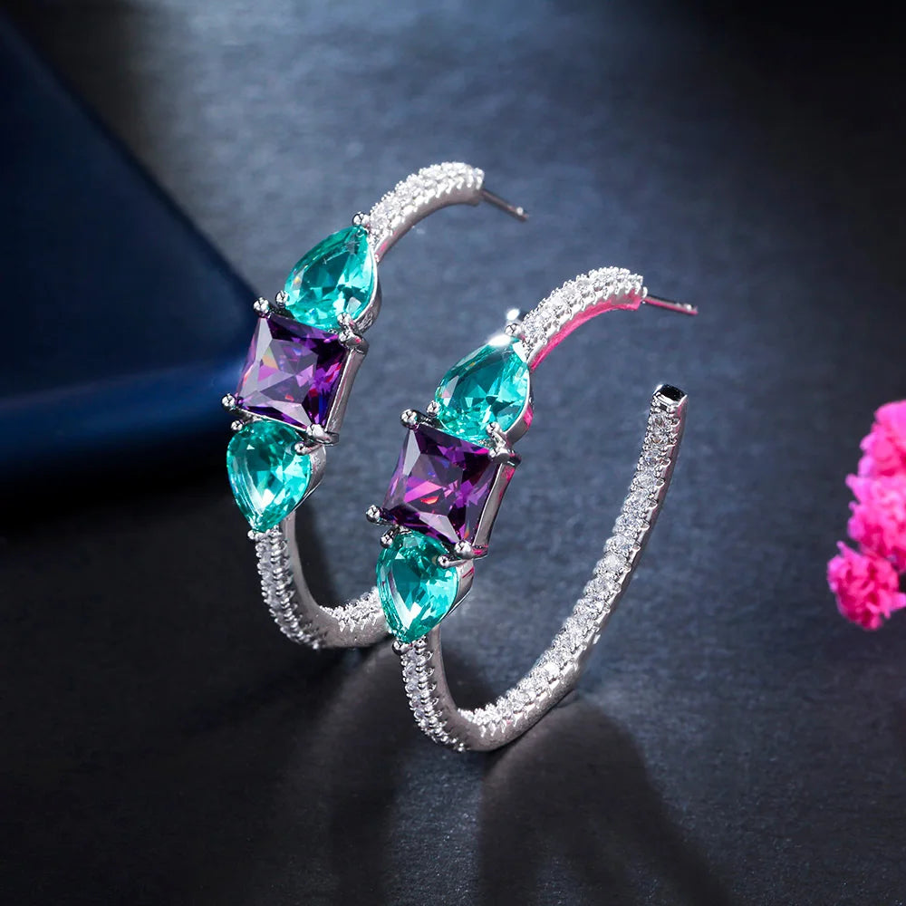 S&S Green & Purple CZ Double-Sided Hoop Earrings – Water Drop & Square – Silver Plated – Collection