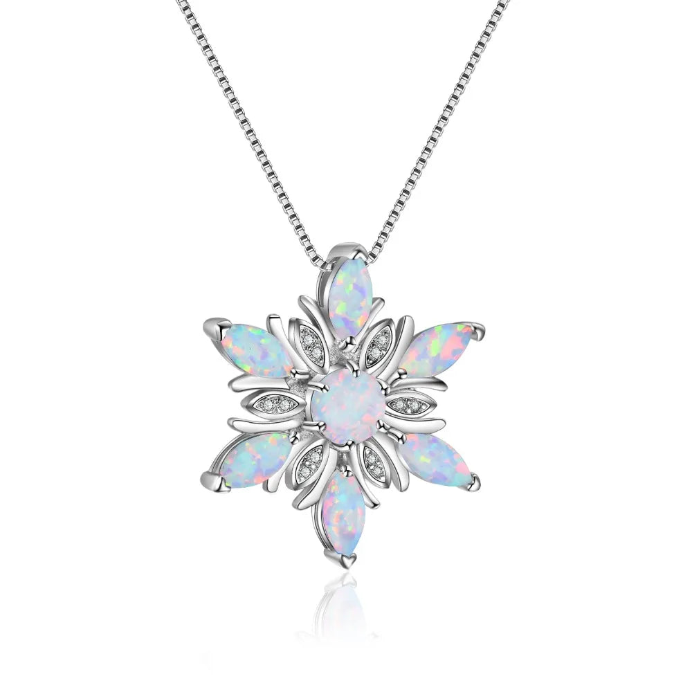 White Fire Opal Lab Created Marquise Stone Pendant Cute Snowflake Design Women's Trendy Silver Copper Box Chain Necklace Wedding