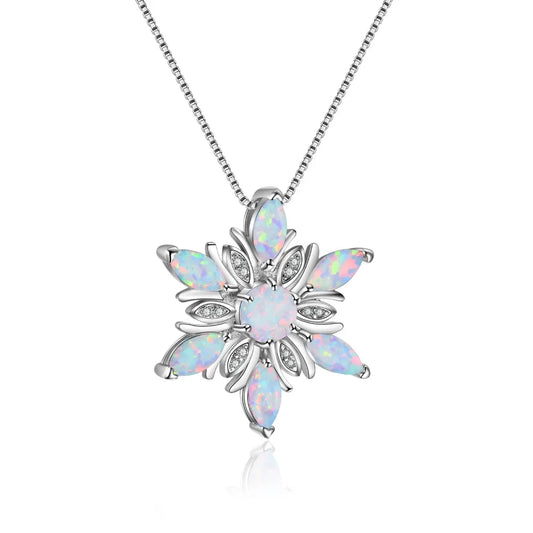 White Fire Opal Lab Created Marquise Stone Pendant Cute Snowflake Design Women's Trendy Silver Copper Box Chain Necklace Wedding