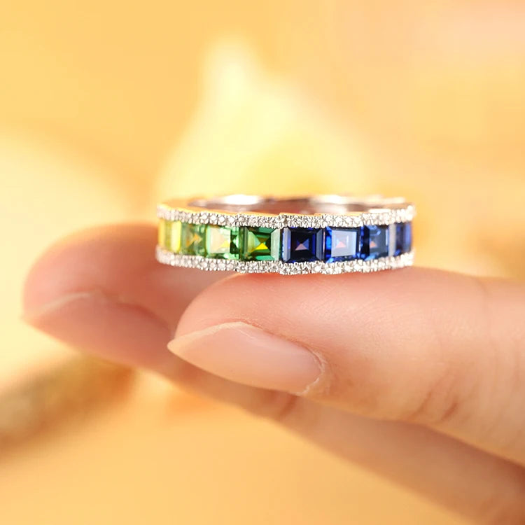 Gemfiori Anster Rainbow Color Eternal Ring Asscher Cut Gemstone Silver Ring Material Customizable Ring for Selection.