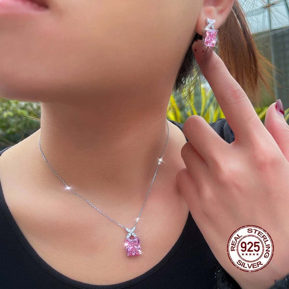 Genuine S925 Sterling Silver Crushed Ice Stone Cubic Zirconia Pink Pendant Set Necklace and Earring Set for Women Party Jewelry
