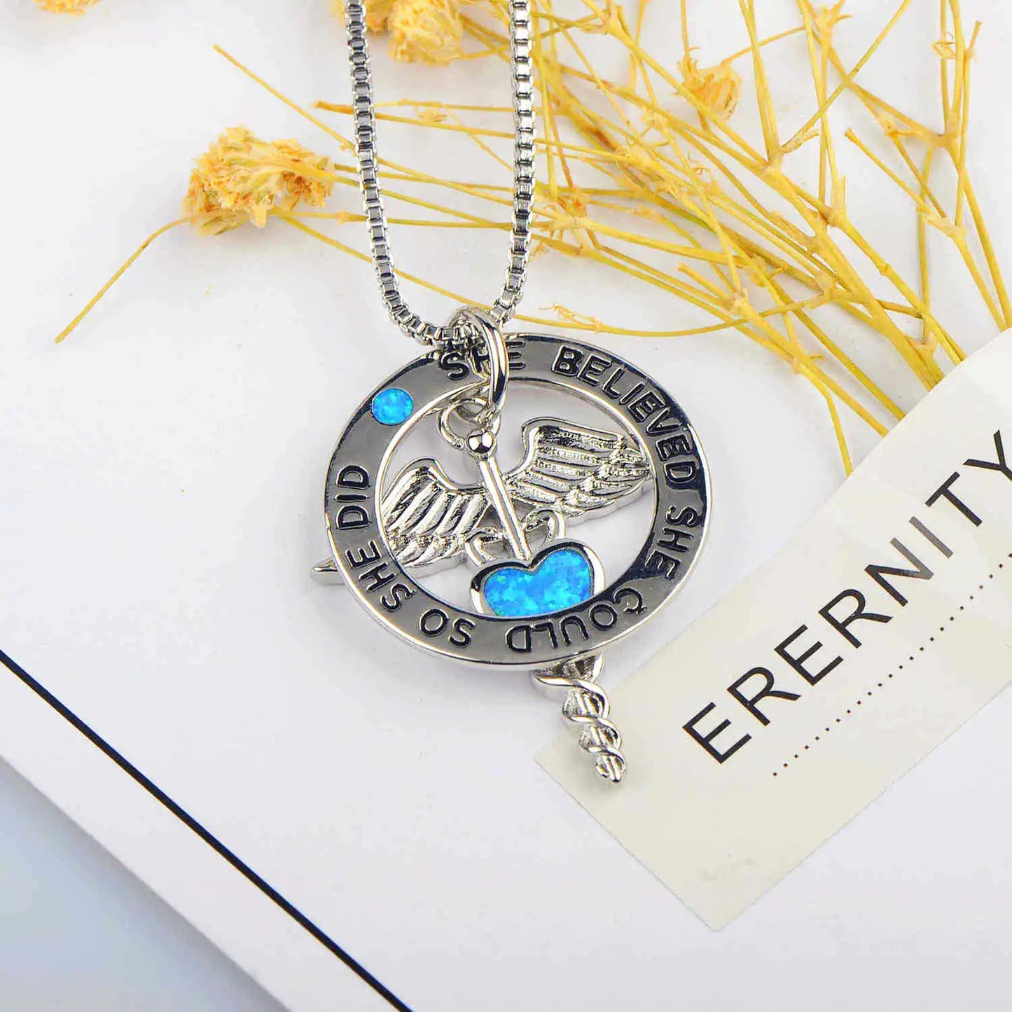 Aobao Women's Christian Angel Collarbone Necklace Blue Heart Pendant Copper Silver Plated Lab Created Opal Sweater Chain Gift