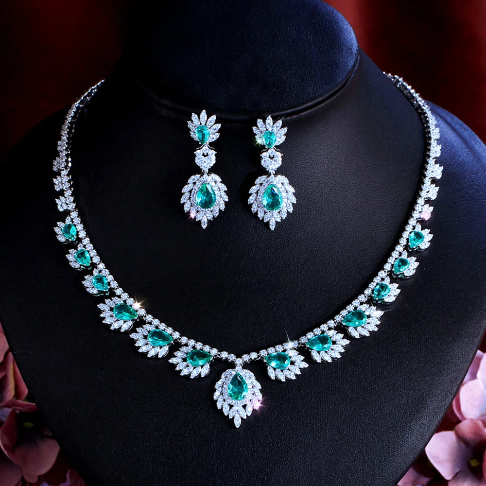 Chic White and Green Cubic Zirconia Feather Shape Necklace and Earrings Wedding Brides Banquet Luxurious Jewelry Set for Women