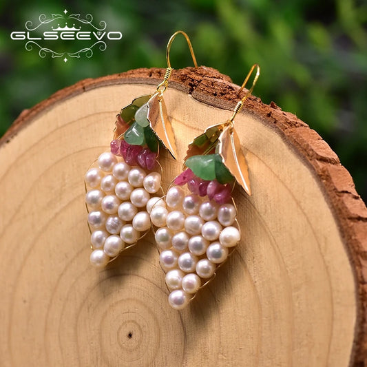 Natural Fresh Water Dangle Earrings for Women Leaf Grape Drop Earrings for Women Fashion Jewelry