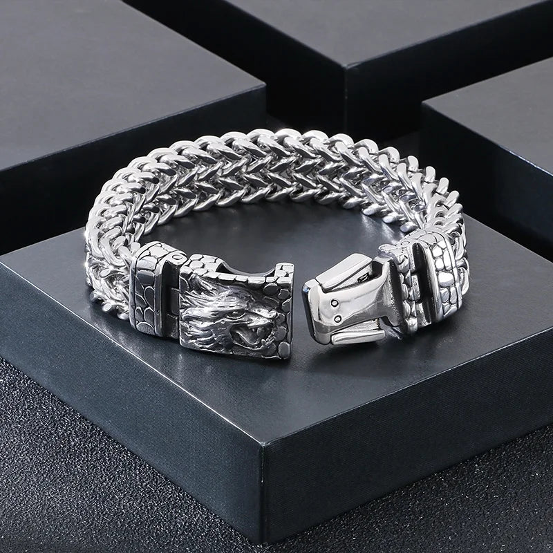 KALEN 21cm Punk Stainless Steel Bracelet Wolf Head Pattern Chain Men Bracelet