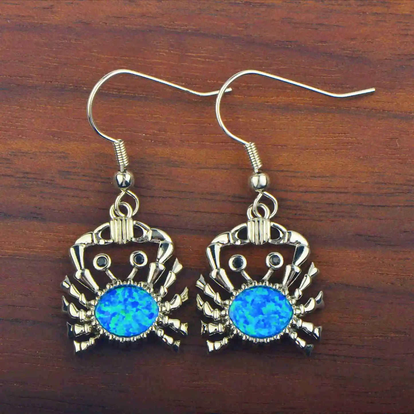 Whimsical Crab Opal Drop Earrings - Blue Fire Opal Center & Playful Seafood Design | Beach-Chic Daily Jewelry Bulk Gifts