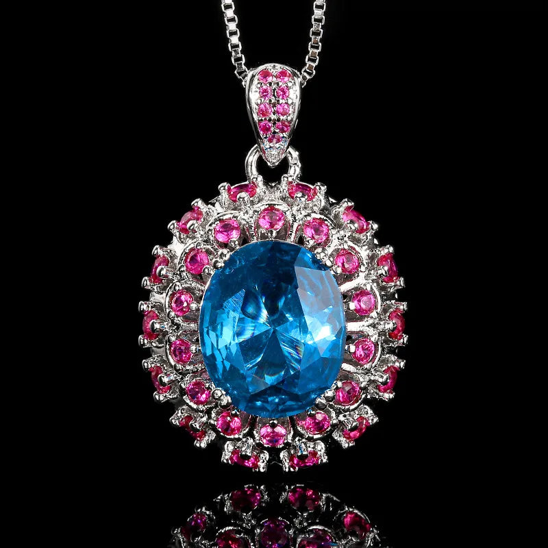 REDheart Red Corundum Pointed Pigeon Egg Fashion Pendant Necklace Set Brass Zircon Flake Blue Zircon Opening Ring Wedding 18K Gold Plated
