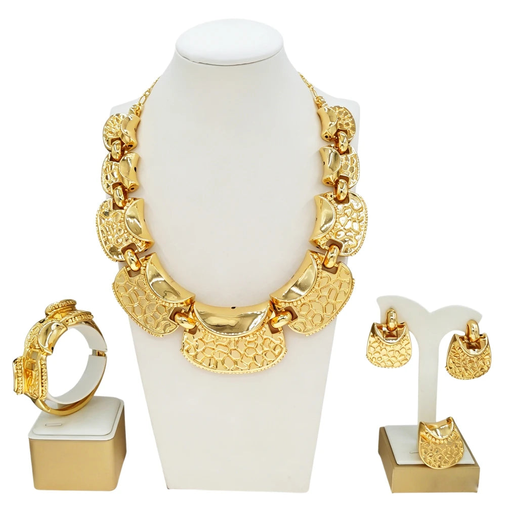 Luxury Brazilian Gold Jewelry Set Necklace Bracelet Earrings Ring Four-Piece Sets High-end Hollow Pendant Woman Jewellery Set