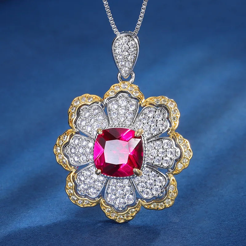 Gemfiori Super Flash Color Treasure Light Luxury Premium Pomegranate Red Pendant Ring Set Cold Style Charm Jewelry