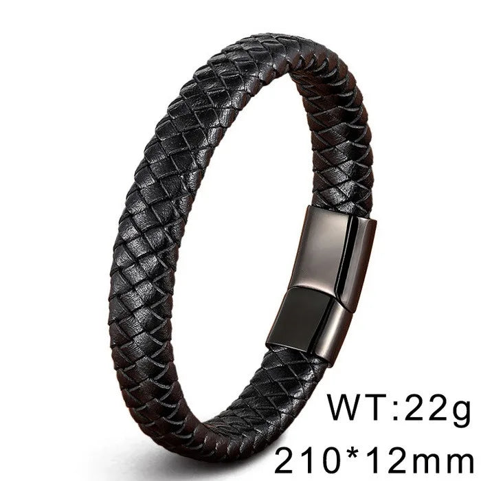 KALEN 13mm Width Men Mature Gold/Silver/Black Stainless Steel&Cowhide Leather Bracelet
