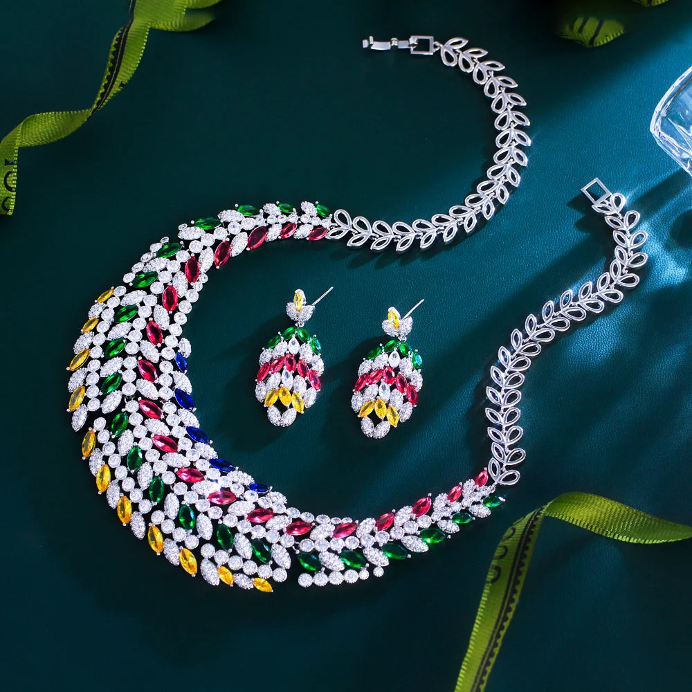 Mixcolor Cubic Zircon Leave Shape Dubai Bridal Luxury Big Bold Jewelry Set for Women Wedding African Statement Jewellery