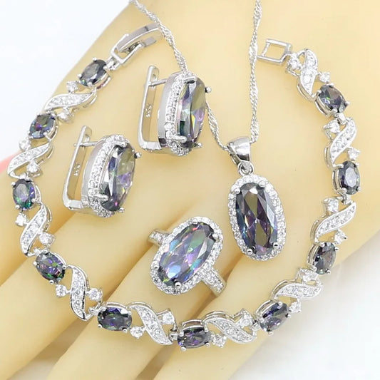 Rainbow 925 Silver Women's Jewelry Set Ladies Pendant Rings Bracelet Hoop Earrings Necklace Zircon Wedding Gift Box Accessory