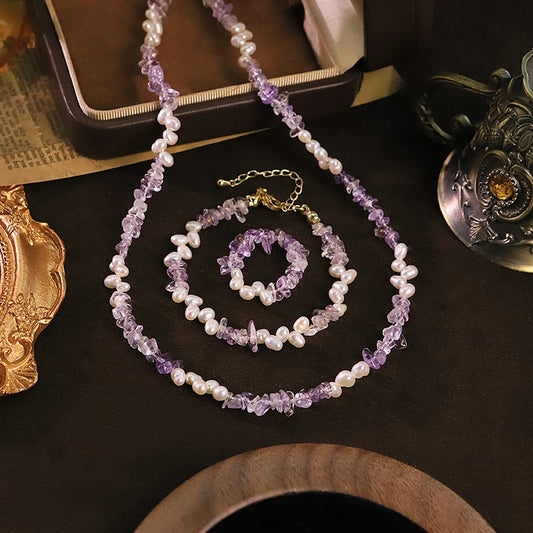 Natural Freshwater Pearl  Amethyst Jewelry Set for Women Daily Wear Wedding Pearl Dainty Jewelry Set Bohemian Style Jewelry