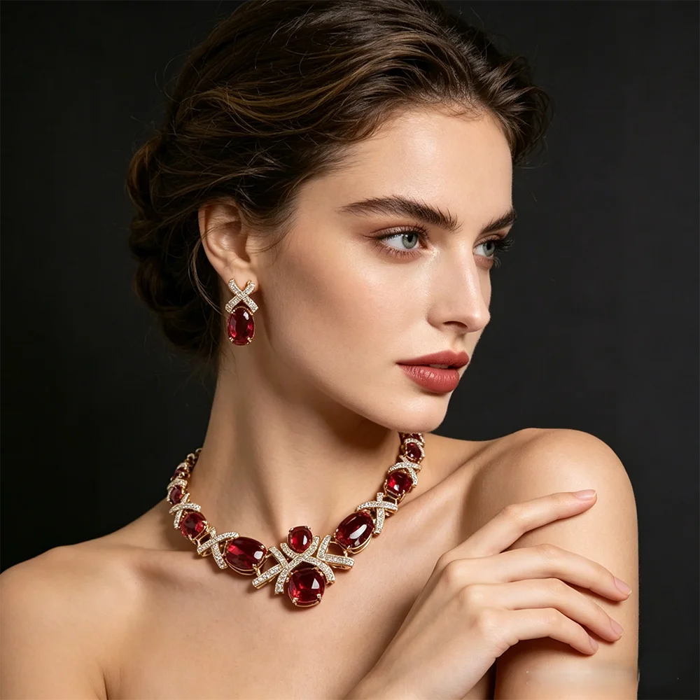 XM S299 Gold Plated Oval Cut Zircon Floral Statement Necklace & Earrings Bridal Set