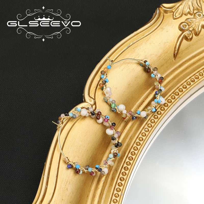 GLSEEVO 2022 Sells Hip Hop Colorful Natural Stone Gems Hoop Earrings Luxury Charm Women Gift Fine Jewelry Earrings