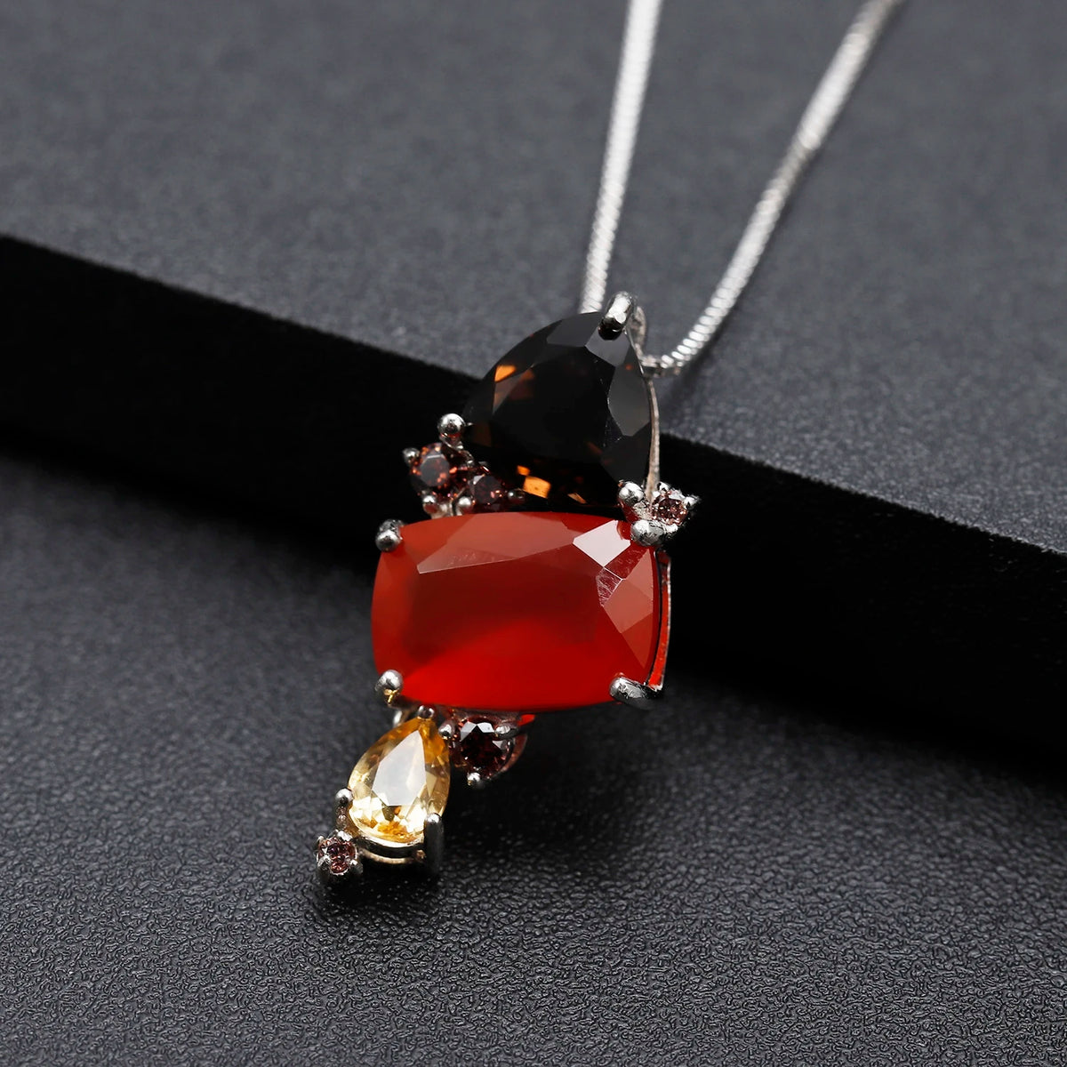 ArtistA C7644 Abiding Classic Beautiful Multiple Gemstone Natural Red Agate Smoky Quartz Citrine Cluster Setting 925 Silver Jewelry Set