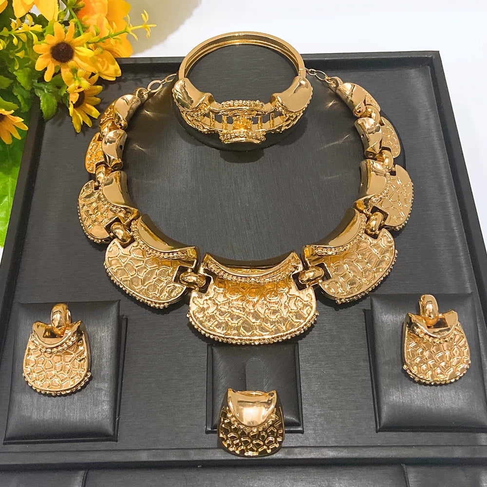 Luxury Brazilian Gold Jewelry Set Necklace Bracelet Earrings Ring Four-Piece Sets High-end Hollow Pendant Woman Jewellery Set