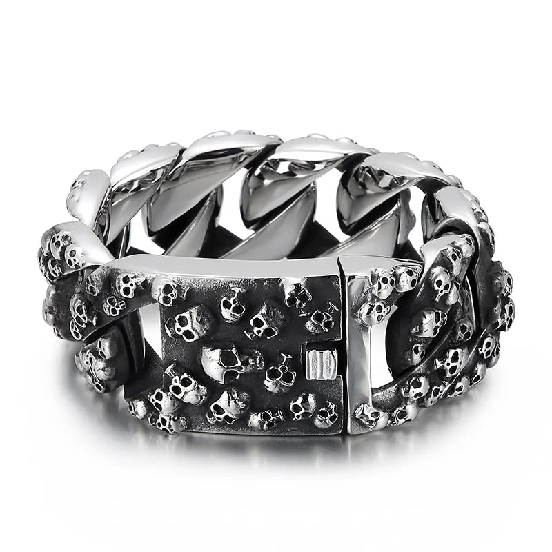 REBEL Retro Punk Fine Jewelry Fashion Bracelets Stainless Steel Skulls Cuban Links Bracelet